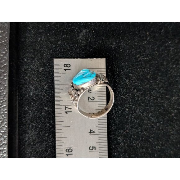 Vintage Turquoise Ring Intricate Silver Leaf Design Southwestern Statement - Picture 9 of 14